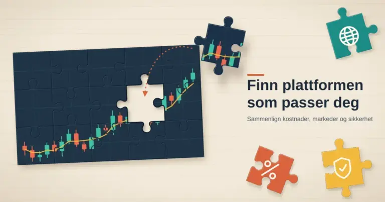 Illustrasjon av et puslespill formet som en tradinggraf med stigende kurslys, der den manglende brikken med riktig form løftes mot hullet, mens tre brikker som ikke passer – merket med prosenttegn, globus og skjold – ligger ved siden av teksten «Finn plattformen som passer deg».