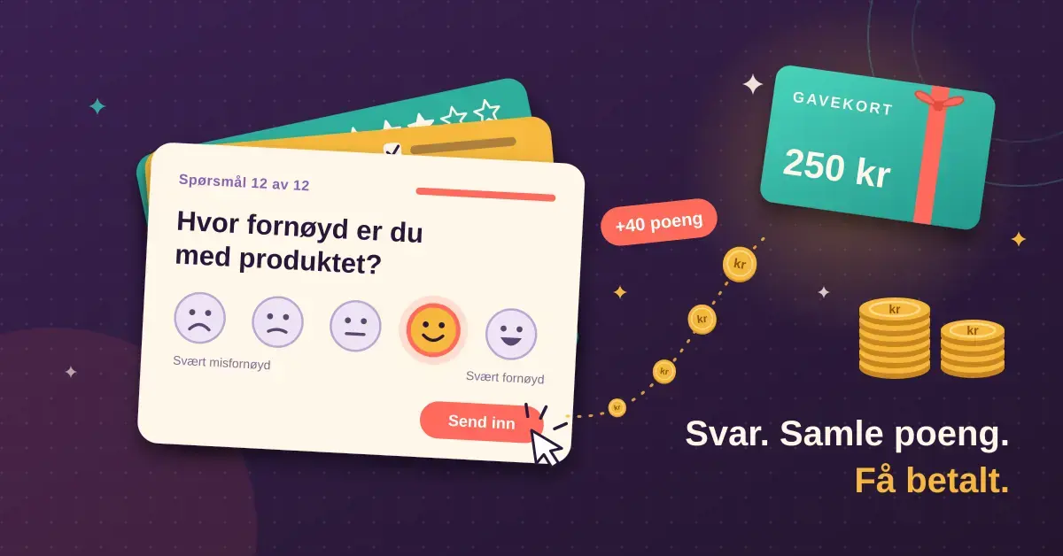 Illustrasjon av et spørreskjema med smilefjes-skala der et fornøyd svar sendes inn og blir til mynter, +40 poeng og et gavekort på 250 kr, med teksten «Svar. Samle poeng. Få betalt.»