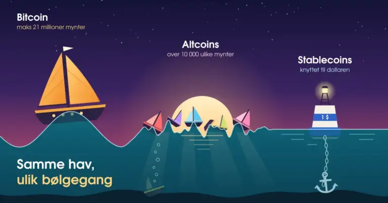 Illustrasjon av et hav i skumring der et stort seilskip merket «Bitcoin» rir på lange dønninger, en flåte av små fargerike båter merket «Altcoins» kastes rundt i urolige bølger med én båt sunket til bunns, og en bøye merket «Stablecoins» og «1 $» ligger stødig i stille vann, forankret til havbunnen, med teksten «Samme hav, ulik bølgegang».