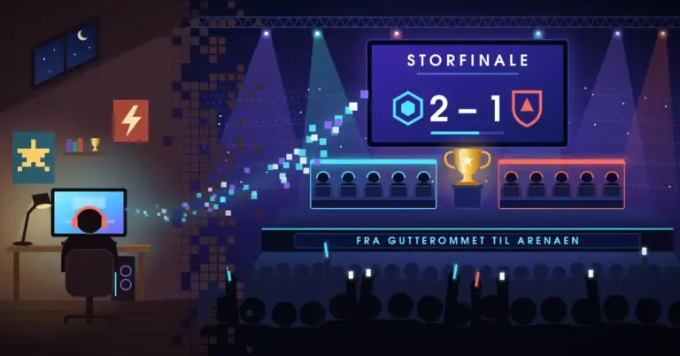Illustrasjon av en ungdom med headset ved en gamingpult på et lite gutterom, der rommet går i oppløsning i piksler som strømmer over i en e-sportarena med to lag i glassbåser, en gullpokal på scenen, en storskjerm med «STORFINALE 2 – 1» og et jublende publikum foran LED-skiltet «Fra gutterommet til arenaen».