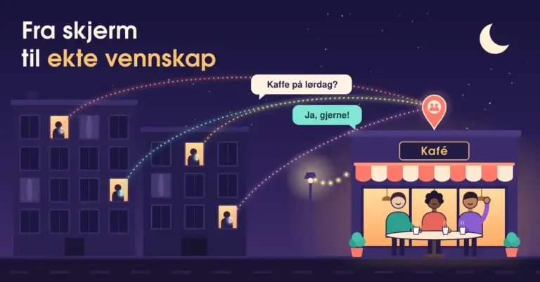 Illustrasjon av en bygate om kvelden der ensomme unge i hvert sitt opplyste vindu ser på mobilen, mens prikkede linjer med chatmeldingene «Kaffe på lørdag?» og «Ja, gjerne!» fører fram til en kafé der tre venner sitter sammen rundt et bord, under teksten «Fra skjerm til ekte vennskap».
