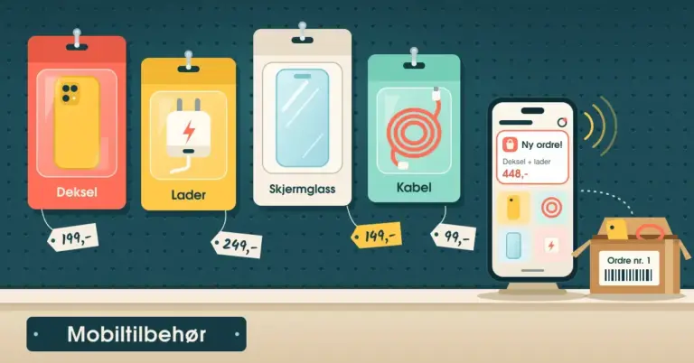 Illustrasjon av en butikkvegg med perforert plate der fire pakker med mobiltilbehør – deksel, lader, skjermglass og kabel – henger på kroker med prislapper, mens en mobil på disken viser «Ny ordre!» og en pappeske merket «Ordre nr. 1» står klar til sending.