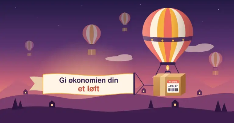 Illustrasjon av en stripete varmluftsballong som løfter en pappeske merket «Ny ordre +499 kr» over koselige hus i soloppgang, mens den drar et banner med teksten «Gi økonomien din et løft» og flere små ballonger med pakker stiger i bakgrunnen.