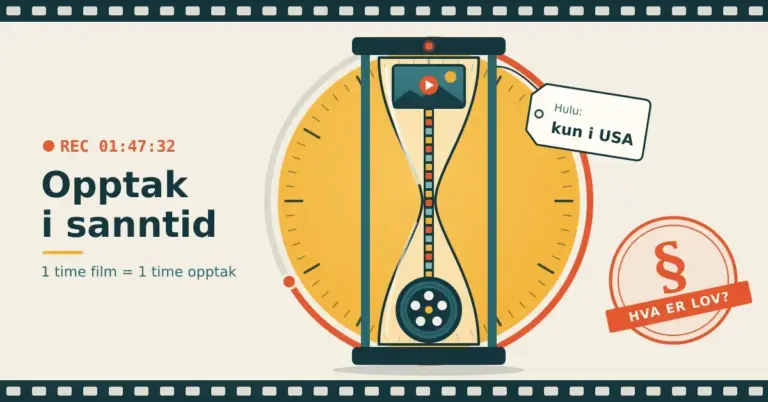 Illustrasjon av et timeglass foran en klokkeskive, der en film spilles av på en skjerm i den øvre delen og renner som en filmstripe ned på en filmrull i den nedre, med teksten «Opptak i sanntid», en lapp med «Hulu: kun i USA» og et paragrafstempel med «Hva er lov?».