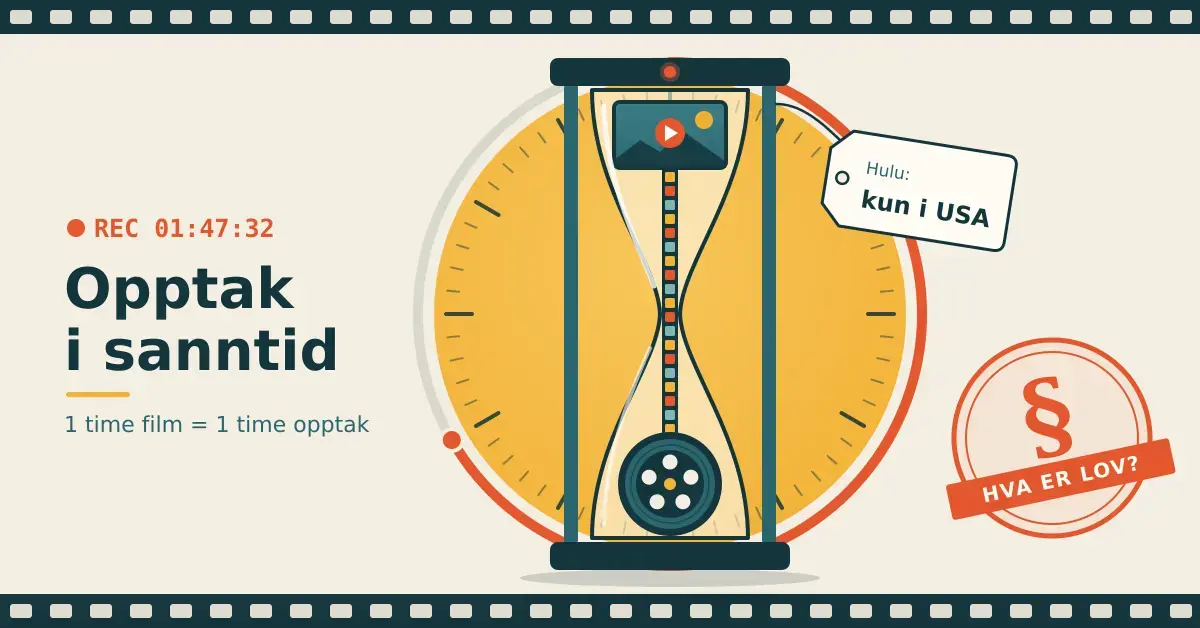 Illustrasjon av et timeglass foran en klokkeskive, der en film spilles av på en skjerm i den øvre delen og renner som en filmstripe ned på en filmrull i den nedre, med teksten «Opptak i sanntid», en lapp med «Hulu: kun i USA» og et paragrafstempel med «Hva er lov?».