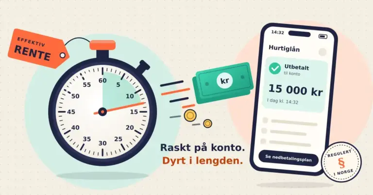 Illustrasjon av en stoppeklokke med en prislapp merket «Effektiv rente», der en pengeseddel suser mot en mobil som viser «Hurtiglån – Utbetalt til konto 15 000 kr, i dag kl. 14:32», med teksten «Raskt på konto. Dyrt i lengden.» og et stempel med «Regulert i Norge».