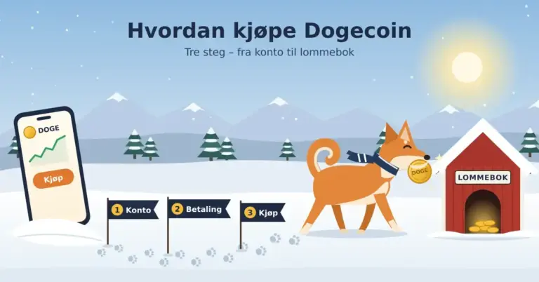 Illustrasjon av en Shiba Inu-hund med skjerf som bærer en gullmynt merket «DOGE» gjennom et snølandskap, langs et spor av poteavtrykk forbi flaggene «Konto», «Betaling» og «Kjøp», fra en mobil med kjøpsknapp til et rødt hundehus merket «LOMMEBOK» fylt med mynter.