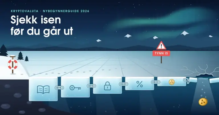Illustrasjon av et islagt fjellvann under nordlyset der isen er delt i blokker lenket sammen som en blokkjede med ikoner for kunnskap, nøkkel, hengelås, skatt og mynt, mens fotspor fra en livbøye på land fører mot et «Tynn is»-skilt og en mynt synker gjennom en råk der isen er tynnest, under teksten «Sjekk isen før du går ut».