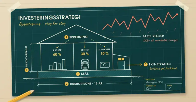Illustrasjon av en byggetegning der et hus er en investeringsstrategi bygget steg for steg, med grunnmuren «Mål», målelinjene «Tidshorisont · 15 år» og «Risikotoleranse», rom for spredning på aksjer, renter og kontanter, en utgangsdør merket «Exit-strategi» og et tak av faste regler under en kurve som svinger kraftig.
