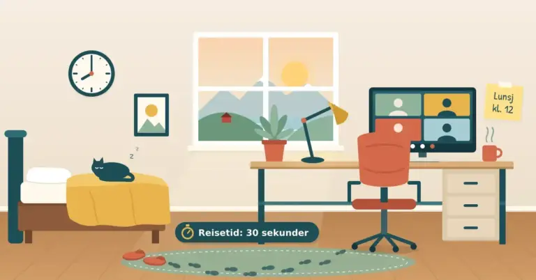 Illustrasjon av et lyst hjemmekontor der fotspor merket «Reisetid: 30 sekunder» går over teppet fra sengen med en sovende katt til kontorstolen ved skrivebordet, med videomøte på skjermen, en veggklokke som viser åtte og en lapp med «Lunsj kl. 12».