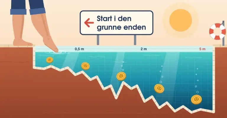 Illustrasjon av en fot som forsiktig dypper tærne i den grunne enden av et basseng der bunnen er formet som en svingende kurskurve med gylne kryptomynter i vannet, under et skilt med teksten «Start i den grunne enden», med dybdemerker fra 0,5 m til 5 m og en livbøye ved den dype enden.