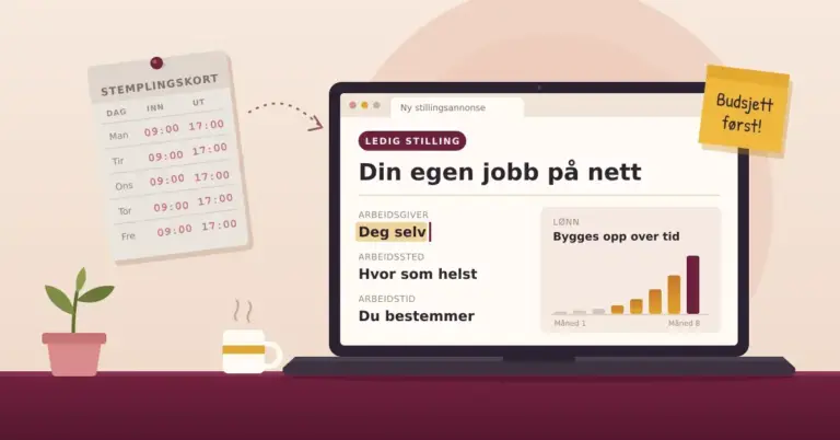 Illustrasjon av en bærbar PC som viser en stillingsannonse med overskriften «Din egen jobb på nett» der arbeidsgiver er «Deg selv» og et lønnsdiagram vokser sakte fra måned 1 til måned 8, mens et stemplingskort med 09:00–17:00 henger på veggen og en gul lapp minner om «Budsjett først!».