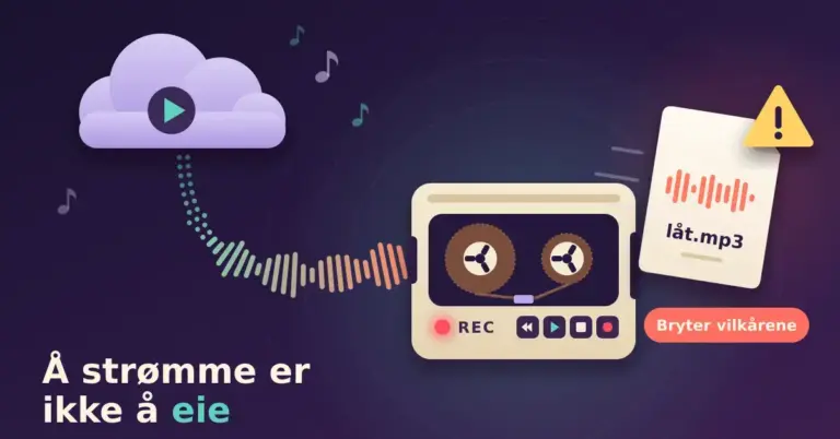 Illustrasjon av en lydbølge som strømmer fra en lilla sky med play-knapp inn i en retro båndopptaker merket «REC», som spytter ut en fil merket «låt.mp3» med en gul varseltrekant og etiketten «Bryter vilkårene», sammen med teksten «Å strømme er ikke å eie».
