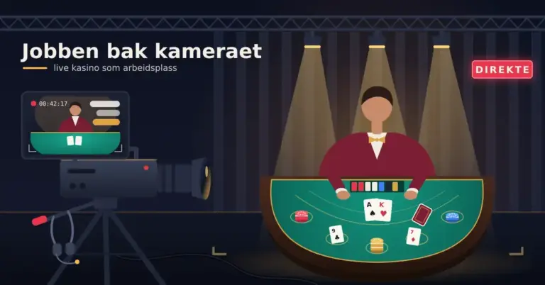 Illustrasjon av et live kasino-studio sett bak et TV-kamera på stativ, der en dealer deler ut kort ved et grønt blackjackbord under spotlys, mens kameraets skjerm viser sendingen, et hodesett for kundeservice henger på stativet og et rødt «DIREKTE»-skilt lyser på veggen.