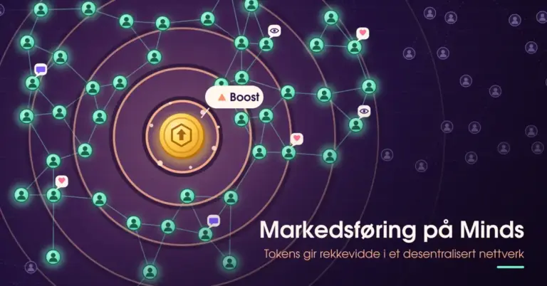 Illustrasjon av en gyllen token-mynt med etiketten «Boost» som treffer en mørk vannflate og sender ringer utover et desentralisert nettverk av profiler som lyser opp med hjerter, kommentarer og visninger, ved siden av teksten «Markedsføring på Minds».