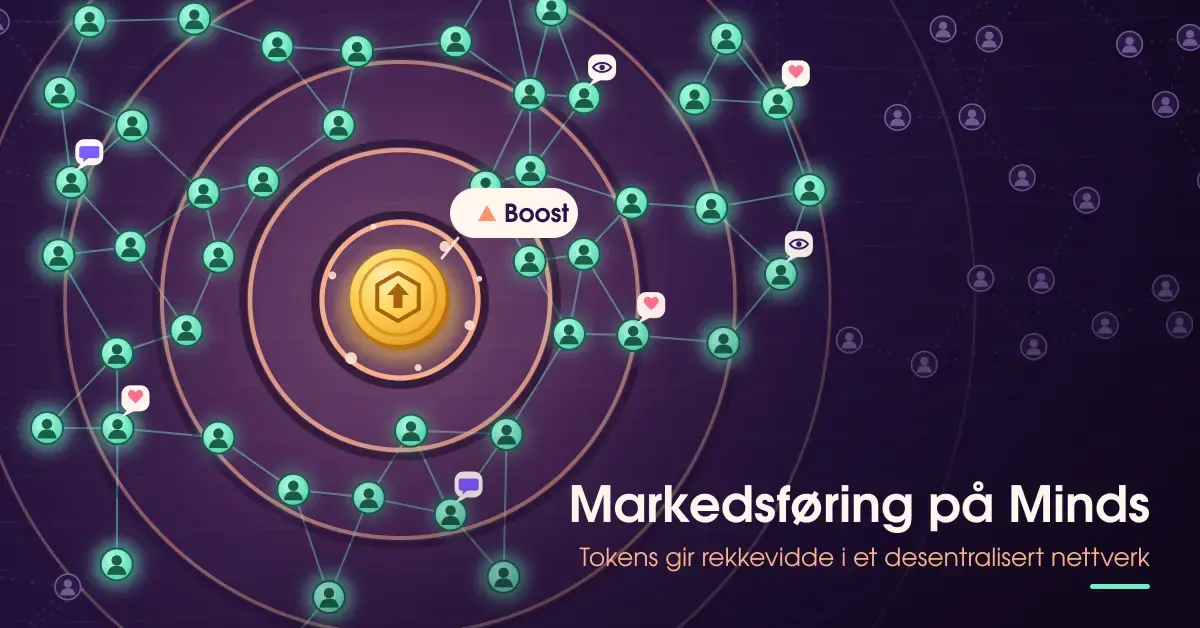 Illustrasjon av en gyllen token-mynt med etiketten «Boost» som treffer en mørk vannflate og sender ringer utover et desentralisert nettverk av profiler som lyser opp med hjerter, kommentarer og visninger, ved siden av teksten «Markedsføring på Minds».