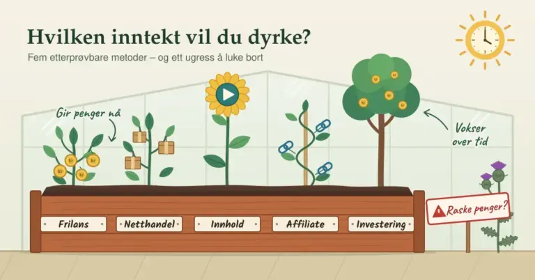 Illustrasjon av en pallekarm i et drivhus der fem planter merket «Frilans», «Netthandel», «Innhold», «Affiliate» og «Investering» bærer kronemynter, pakker, en avspillingsknapp og lenkeikoner, mens en tistel ved skiltet «Raske penger?» står som ugress ved siden av.