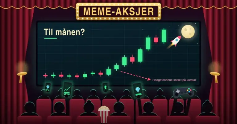 Illustrasjon av en kinosal der publikum sett bakfra holder opp mobiler med «KJØP»-knapp og diamanter, en spillkontroll og et popkornbeger, mens lerretet under skiltet «MEME-AKSJER» viser grønne kurslys og en rakett som skyter mot månen, og en rød stiplet pil for hedgefondene som satset på kursfall.