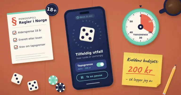 Illustrasjon sett ovenfra av et bord der en mobil viser en terning omgitt av tilfeldige tall, en aktivert tapsgrense og en pauseknapp, mens et ark med norske regler for pengespill, et 18+-merke, en tidtaker stilt på 20 minutter og en gul lapp med teksten «Kveldens budsjett: 200 kr» ligger rundt.