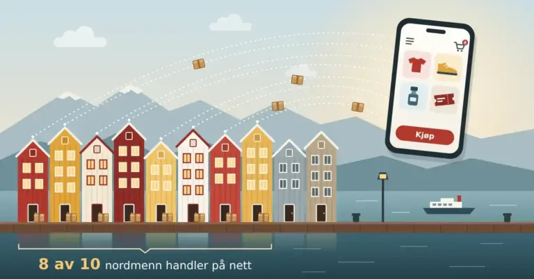Illustrasjon av en rad med fargerike trehus på en brygge ved en fjord, der en mobiltelefon som lyser som en sol over fjellene sender pakker i buer til åtte av ti hus, under teksten «8 av 10 nordmenn handler på nett».
