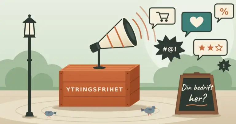 Illustrasjon av en såpekasse merket «YTRINGSFRIHET» på et parktorg, med en høyttaler som sender ut snakkebobler med handlevogn, hjerte, prosent, stjerner og sinte symboler, mens en krittavle ved siden av spør «Din bedrift her?».