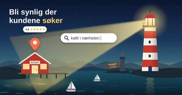 Illustrasjon av et fyrtårn i skumringen som lyser opp en rød rorbu-butikk med kartnål og 4,9 stjerner, med søkefeltet «kafé i nærheten» i lysstrålen og teksten «Bli synlig der kundene søker», mens et mørkt, forfallent gammelt fyr med skiltet «Google+ nedlagt» står i skyggen.