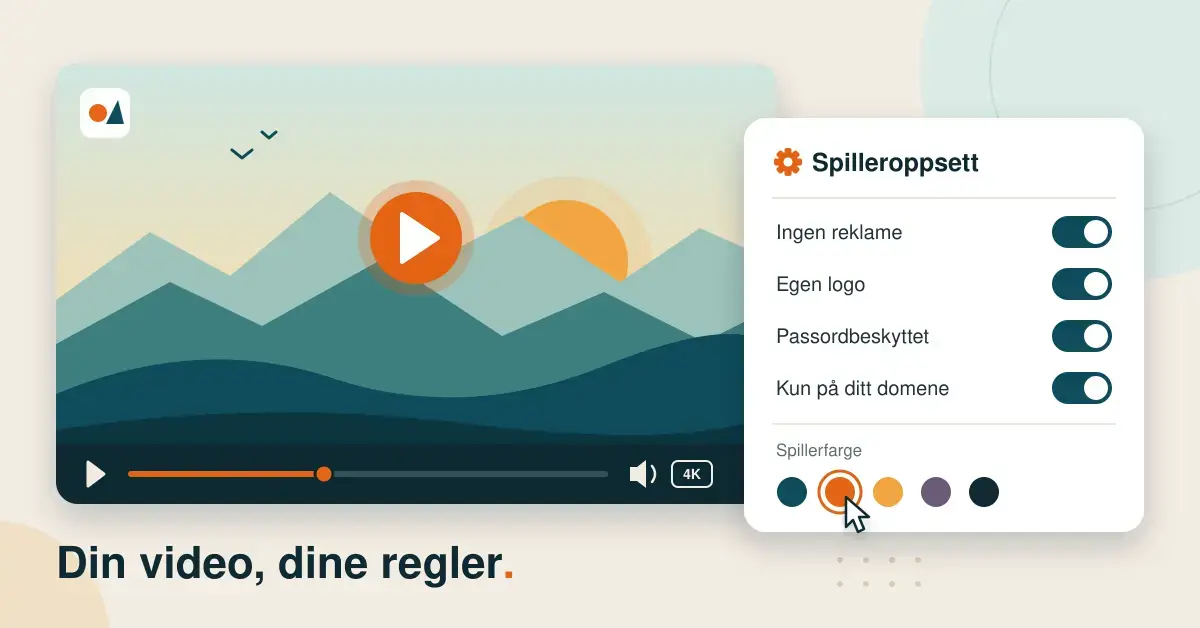 Illustrasjon av en reklamefri videospiller med fjellandskap og oransje avspillingsknapp ved siden av et panel for spilleroppsett med påslåtte brytere for ingen reklame, egen logo, passordbeskyttelse og visning kun på eget domene, samt teksten «Din video, dine regler.»