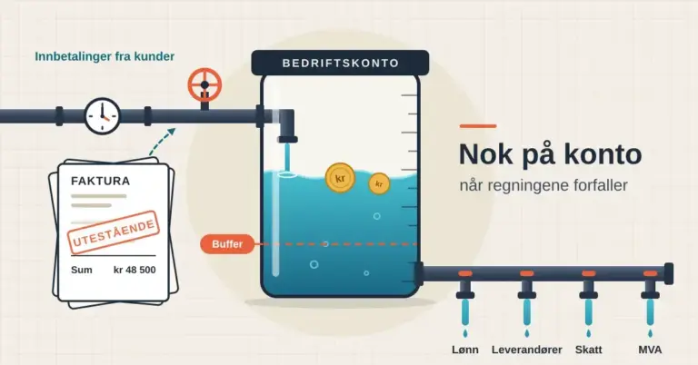 Illustrasjon av en glasstank merket «Bedriftskonto» der en tynn stråle av innbetalinger fra kunder renner inn via et rør med klokke og ventil fra en faktura stemplet «Utestående», mens vannet tappes ut gjennom kranene «Lønn», «Leverandører», «Skatt» og «MVA» og nivået holdes over en stiplet bufferlinje, med teksten «Nok på konto når regningene forfaller».