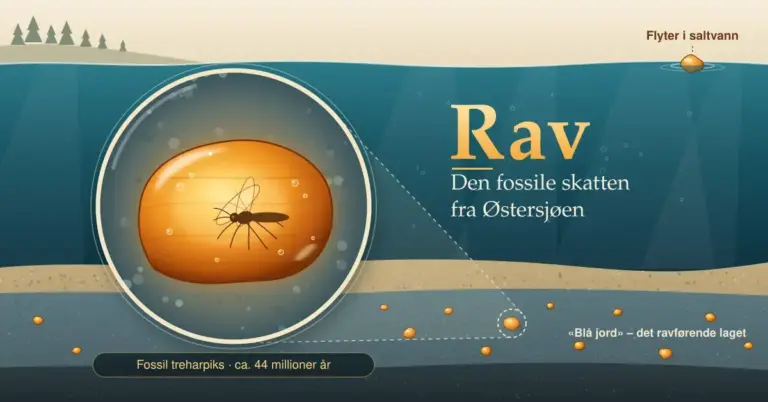 Illustrasjon av et tverrsnitt av Østersjøen der et forstørrelsesglass viser en glødende, honninggul ravklump med en innesluttet mygg og luftbobler fra det ravførende laget «blå jord» på havbunnen, ved siden av teksten «Rav – Den fossile skatten fra Østersjøen» og en liten ravbit som flyter i vannflaten.