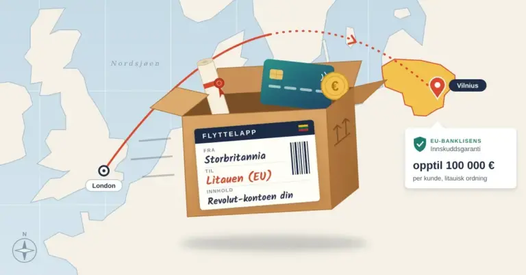 Illustrasjon av et kart over Nord-Europa der en flytteeske med flyttelappen «Fra: Storbritannia – Til: Litauen (EU) – Innhold: Revolut-kontoen din» følger en rute fra London til Vilnius, med et bankkort, en euromynt og et lisensdokument i esken og en boks om innskuddsgaranti opptil 100 000 €.