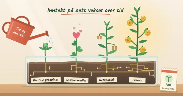Illustrasjon av en plantekasse i glass der fire planter i ulike vekststadier er merket «Digitale produkter», «Sosiale medier», «Nettbutikk» og «Frilans», med røtter formet som kretskortlinjer, gullmynter på den høyeste frilansplanten og en vannkanne merket «Tid og innsats» under teksten «Inntekt på nett vokser over tid».