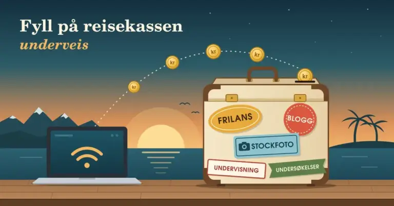 Illustrasjon av en bærbar PC med Wi-Fi-symbol på en brygge i solnedgang, der kronemynter flyr i en stiplet bue ned i myntsprekken på en vintagekoffert med reiseklistremerker for frilans, blogg, stockfoto, undervisning og undersøkelser, under teksten «Fyll på reisekassen underveis».
