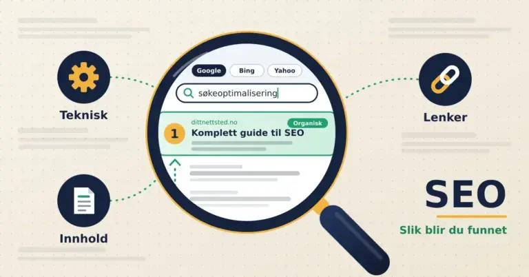 Illustrasjon av et forstørrelsesglass over en søkeside med fanene Google, Bing og Yahoo, der søket «søkeoptimalisering» gir et organisk førstetreff, forbundet med de tre SEO-områdene teknisk, innhold og lenker, og teksten «SEO – Slik blir du funnet».
