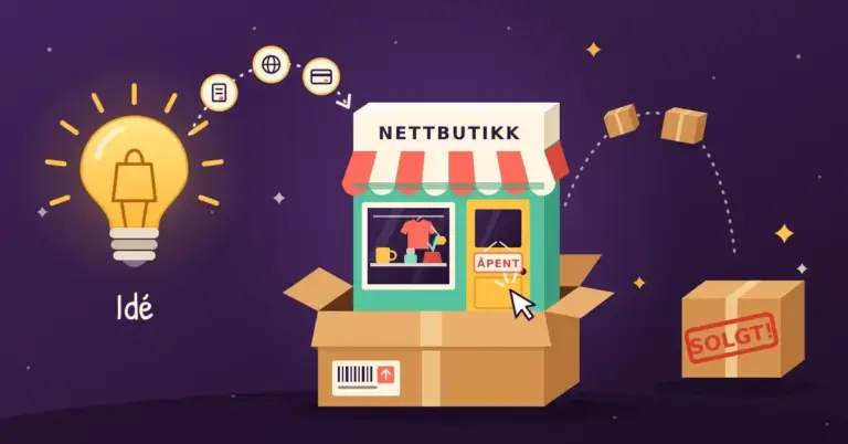 Illustrasjon av en lyspære med en handlepose som glødetråd, der en stiplet sti via ikoner for selskapsform, domene og betaling leder til en nettbutikk merket «Nettbutikk» og «Åpent» som spretter opp av en pappeske, mens pakker flyr ut til en stor eske stemplet «Solgt!».