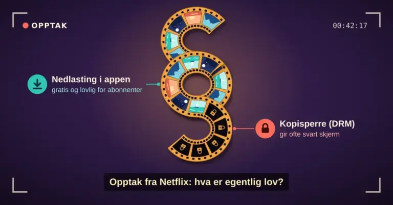 Illustrasjon av et paragraftegn formet av en filmstripe i en kamerasøker merket «OPPTAK», der rutene med fargerike filmscener er koblet til «Nedlasting i appen – gratis og lovlig for abonnenter», mens de svarte rutene med hengelåser viser at «Kopisperre (DRM) gir ofte svart skjerm», og undertekstlinjen spør «Opptak fra Netflix: hva er egentlig lov?».