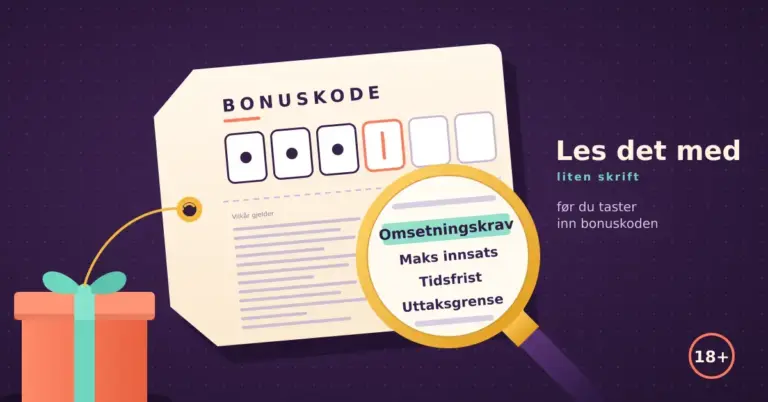 Illustrasjon av en gavelapp merket «Bonuskode» med kodefelt, festet til en korallfarget gaveeske, der et forstørrelsesglass avslører det med liten skrift – «Omsetningskrav», «Maks innsats», «Tidsfrist» og «Uttaksgrense» – ved siden av teksten «Les det med liten skrift før du taster inn bonuskoden» og et 18+-merke.