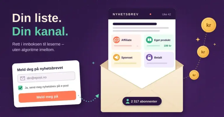 Illustrasjon av et påmeldingsskjema med avkrysset samtykke som leder til en åpen konvolutt med et nyhetsbrev som viser fire inntektskilder – affiliate, eget produkt, sponset og betalt – mens kronemynter stiger opp fra konvolutten, med teksten «Din liste. Din kanal.»