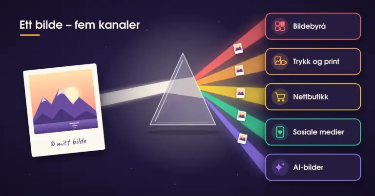Illustrasjon av et polaroidbilde merket «© mitt bilde» som sender en lysstråle gjennom et prisme, der lyset splittes i fem fargede stråler med små kopier av bildet som leder til kanalene bildebyrå, trykk og print, nettbutikk, sosiale medier og AI-bilder.