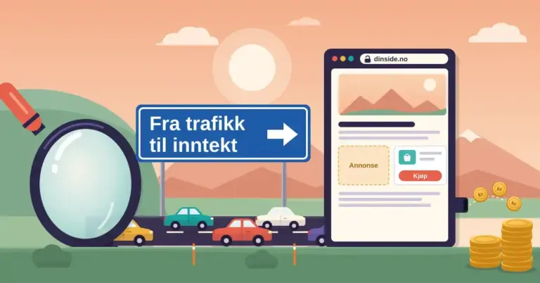 Illustrasjon av biler som kjører ut av et stort forstørrelsesglass, forbi et blått veiskilt med teksten «Fra trafikk til inntekt» og inn i en nettside formet som et nettleservindu merket «dinside.no», som sender gullmynter ut i stabler på den andre siden.