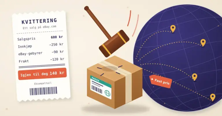 Illustrasjon av en kvittering for ett salg på eBay.com der salgsprisen på 600 kr minus innkjøp, gebyrer og frakt gir 140 kr igjen til deg, ved siden av en pakke med auksjonsklubbe og prislappen «Fast pris» og en jordklode med fraktruter til kjøpere over hele verden.