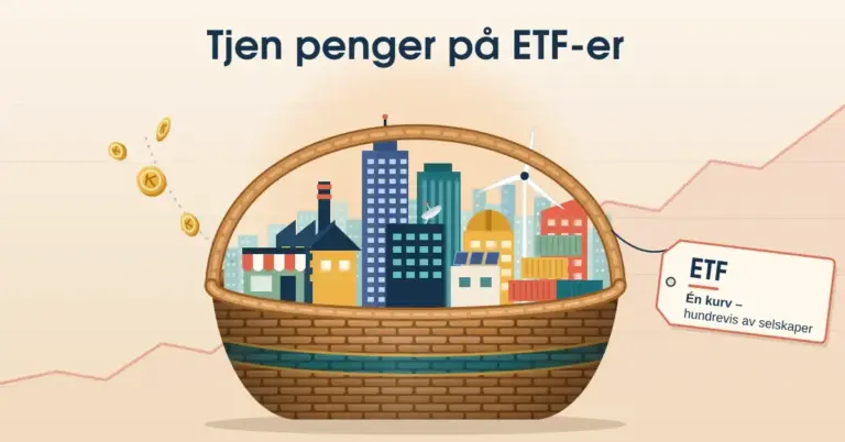 Illustrasjon av en flettet kurv fylt med en miniatyrby av ulike selskaper – fabrikk, kontortårn, butikk, vindturbin og containere – med en hengelapp merket «ETF – Én kurv – hundrevis av selskaper», mynter som spretter ut som utbytte og en stigende kurslinje i bakgrunnen.
