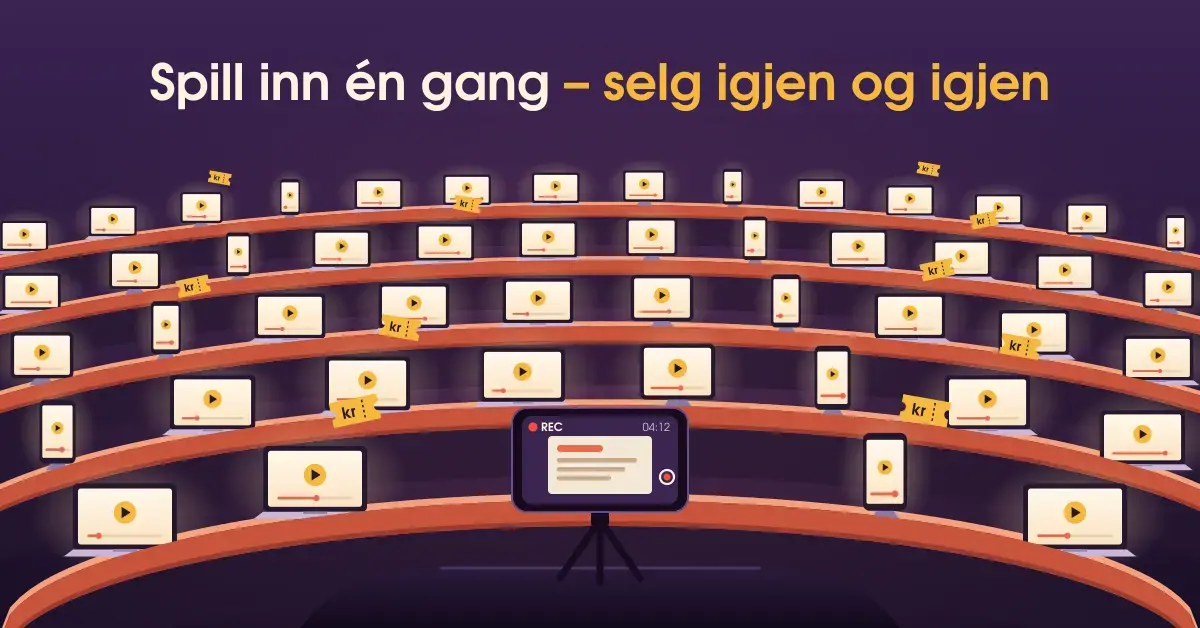 Illustrasjon av et auditorium der hver plass er fylt av en bærbar PC, et nettbrett eller en mobil som spiller av den samme kursleksjonen, med billetter merket «kr» over setene og en mobil på stativ i forgrunnen som tar opp med «REC», under teksten «Spill inn én gang – selg igjen og igjen».