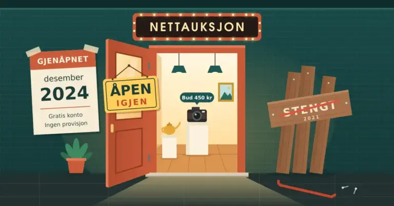 Illustrasjon av en butikkfasade med lysskiltet «NETTAUKSJON» der døren står åpen med skiltet «ÅPEN IGJEN», et varmt opplyst auksjonslokale med et gammelt kamera merket «Bud 450 kr», en plakat om gjenåpning i desember 2024 og nedrevne planker merket «STENGT 2021» lent mot veggen.