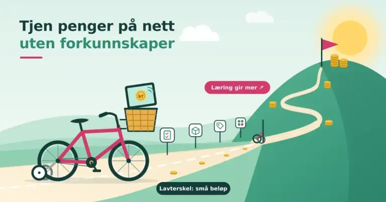 Illustrasjon av en rosa sykkel med støttehjul og en laptop i kurven på en flat vei med små mynter og skilt for spørreundersøkelser, produkttesting, salg av egne ting og mikrooppgaver merket «Lavterskel: små beløp», før veien svinger opp en grønn bakke med stadig høyere myntstabler merket «Læring gir mer».