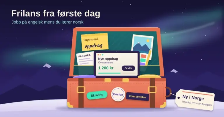 Illustrasjon av en åpen koffert under nordlyset med en bærbar PC som viser «Nytt oppdrag – Oversettelse – 1 200 kr», en lapp med «Dagens ord: oppdrag», en faktura, klistremerkene «Skriving», «Design» og «Oversettelse» og en bagasjelapp merket «Ny i Norge», under overskriften «Frilans fra første dag».